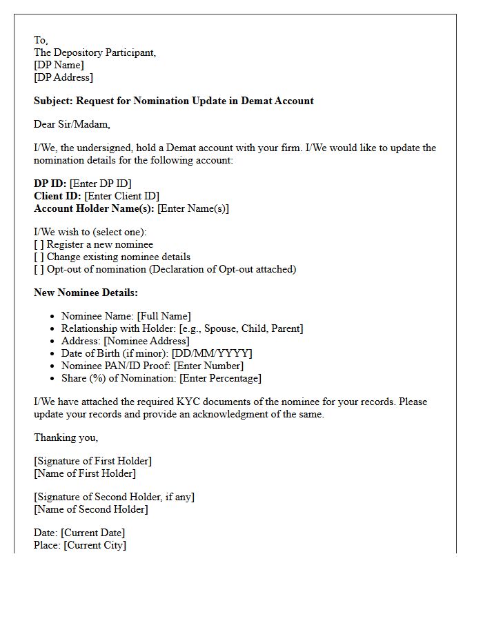Demat Account Nomination Update Letter