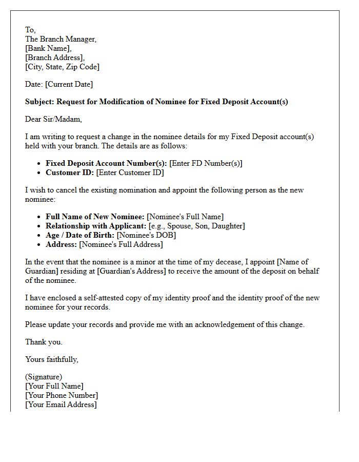 Fixed Deposit Nominee Modification Letter