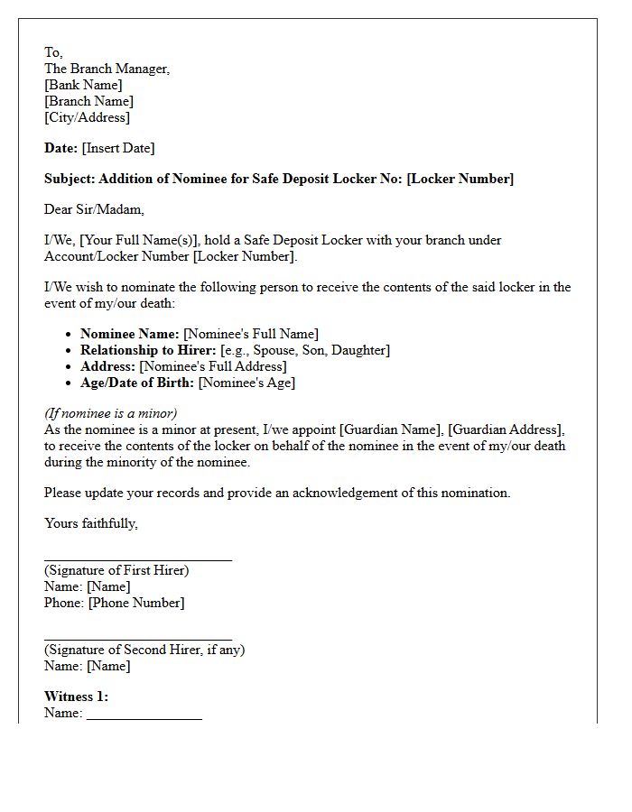 Safe Deposit Locker Nomination Addition Letter