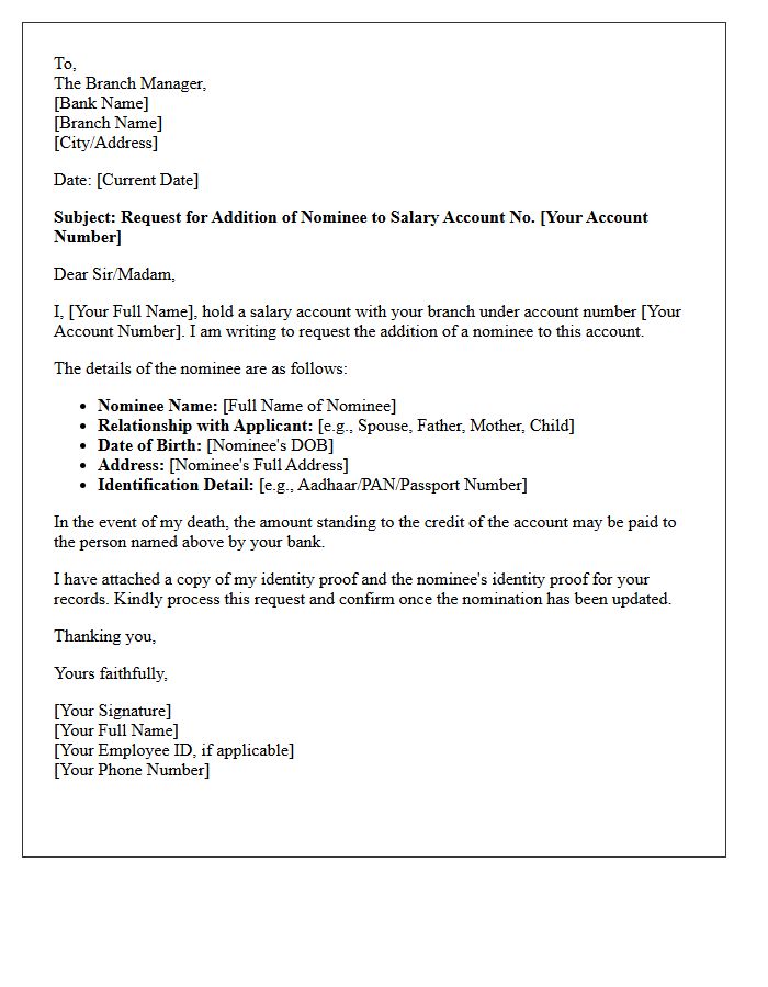 Salary Account Nomination Addition Letter
