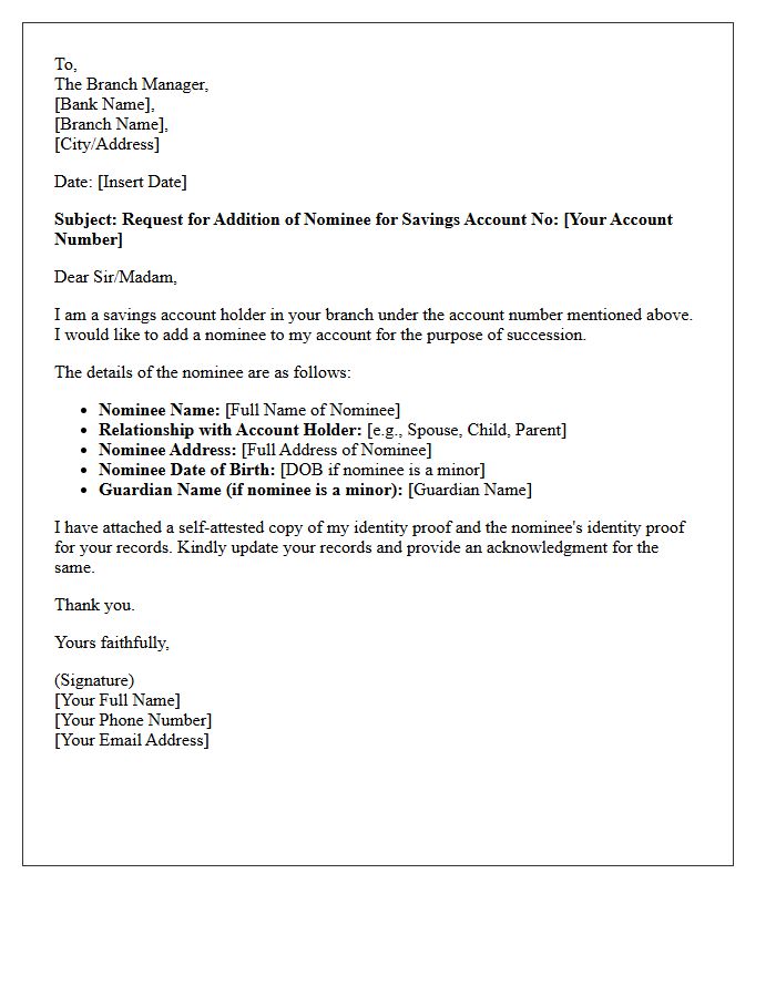 Savings Account Nomination Addition Letter