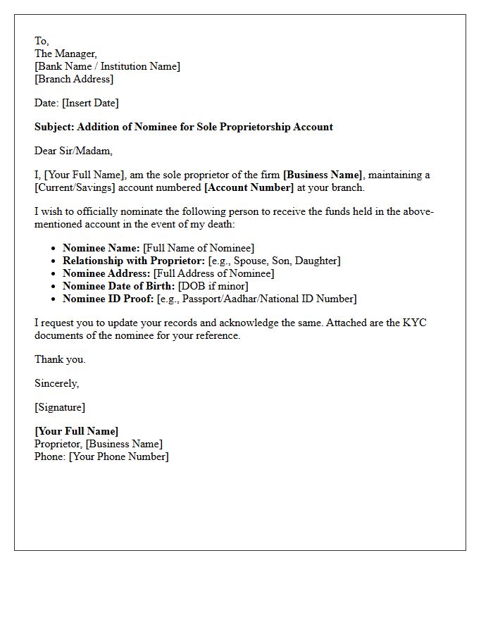Sole Proprietorship Nomination Addition Letter