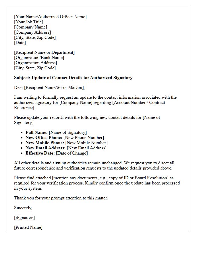 Authorized Signatory Contact Details Update Letter