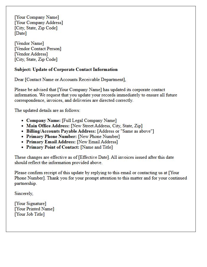 Corporate Vendor Contact Information Update Letter
