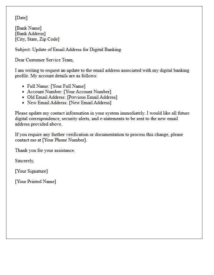 Digital Banking Email Address Contact Update Letter