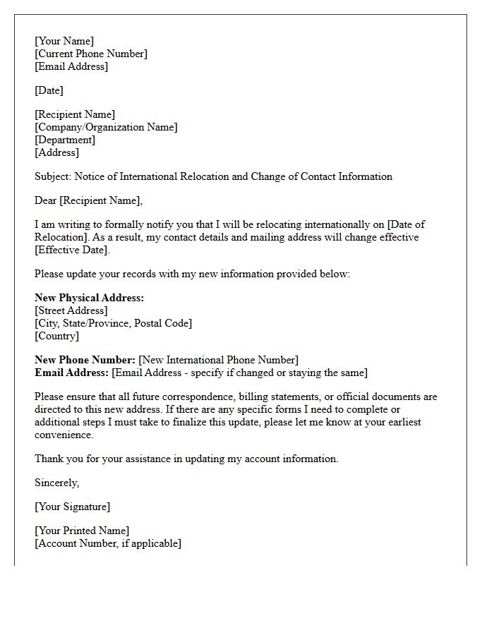 International Relocation Contact Information Update Letter