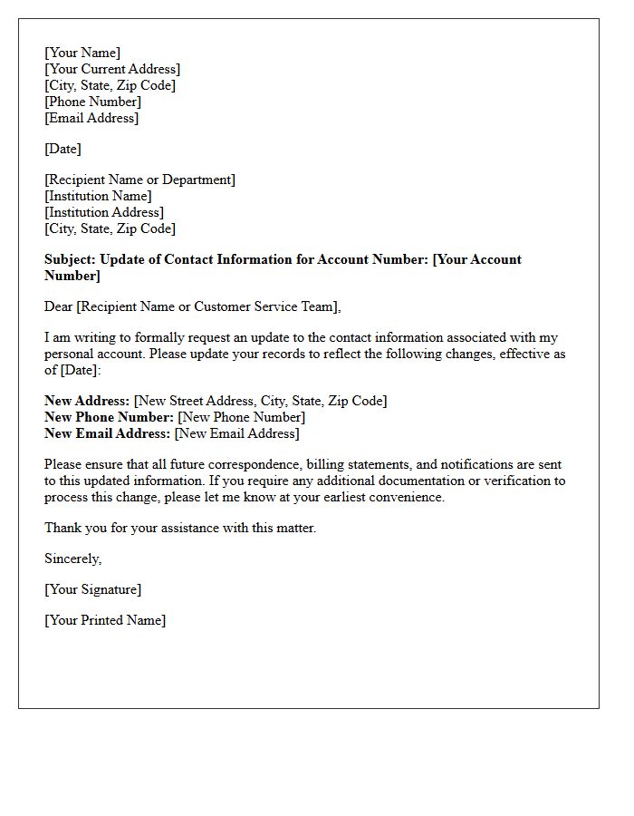 Personal Account Contact Information Update Letter