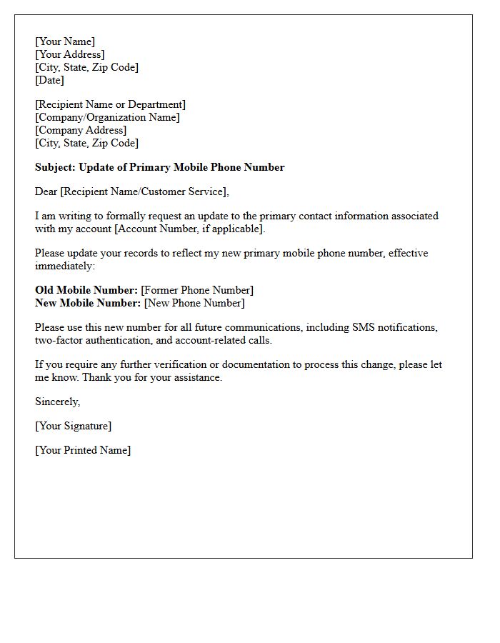 Primary Mobile Phone Number Contact Update Letter