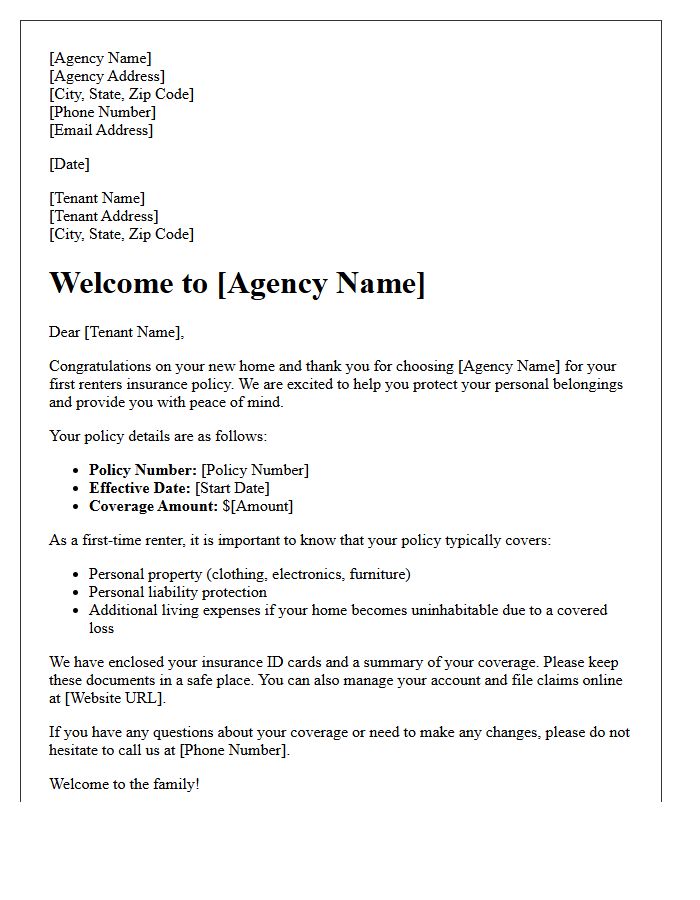 First Time Renters Insurance Agency Welcome Letter