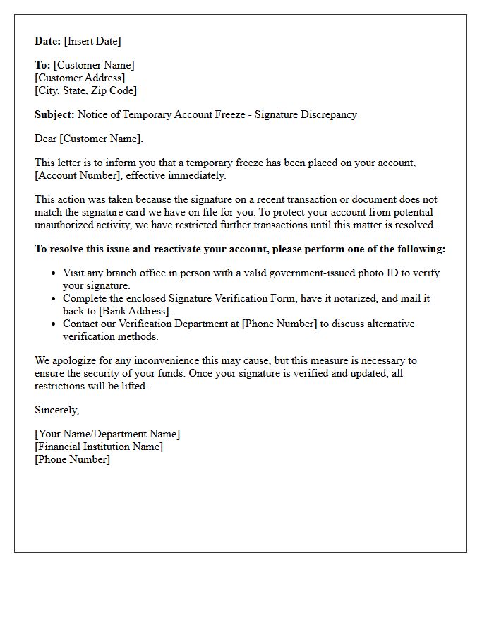 Account Freeze Pending Signature Resolution Letter