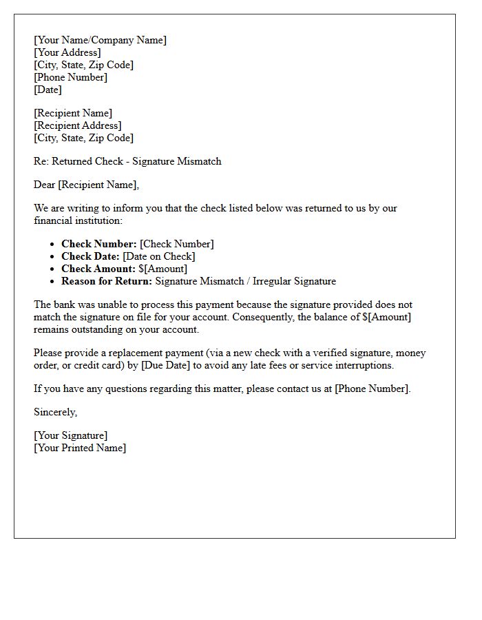 Check Return Due to Signature Mismatch Letter