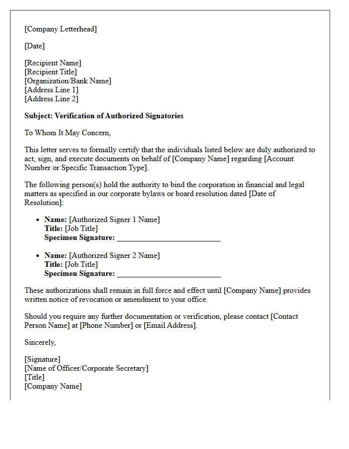 Corporate Authorized Signer Verification Letter