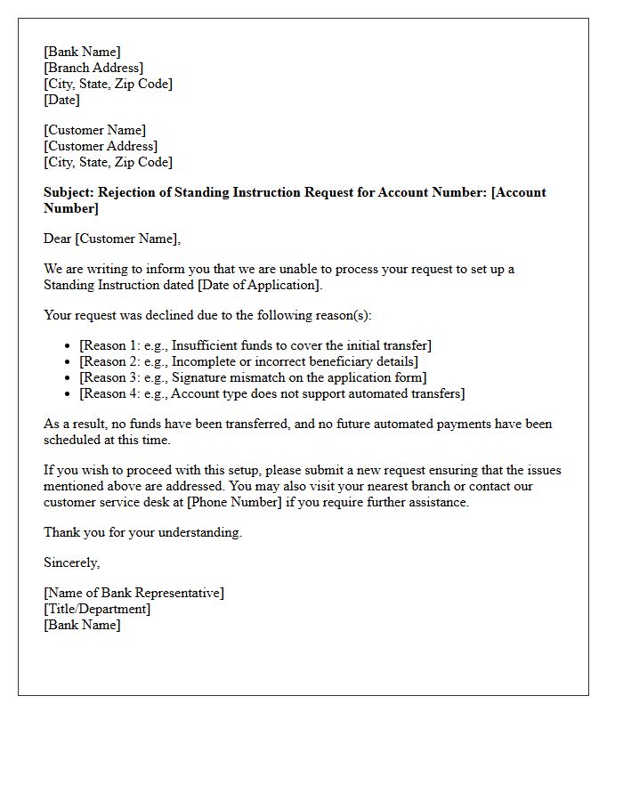Bank Rejection Letter For Standing Instruction Setup