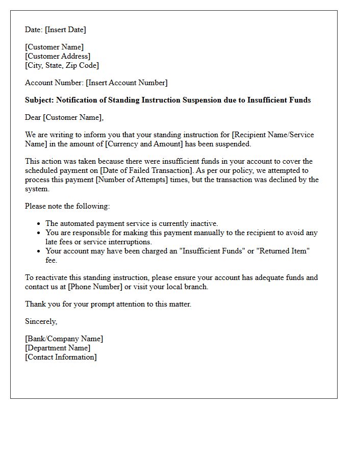 Insufficient Funds Standing Instruction Suspension Letter