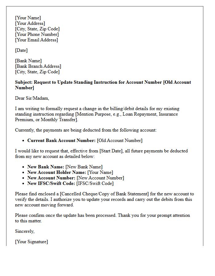 Standing Instruction Account Change Letter