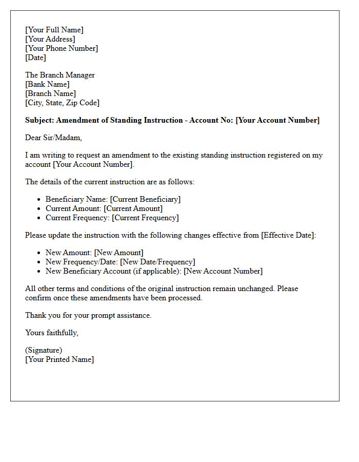Standing Instruction Amendment Request Letter
