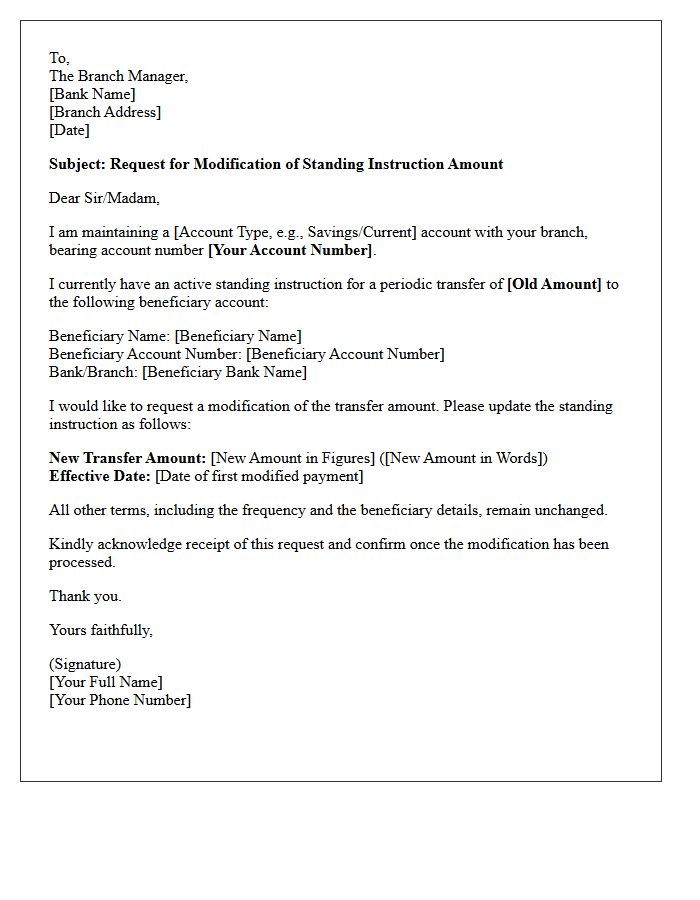 Standing Instruction Amount Modification Letter