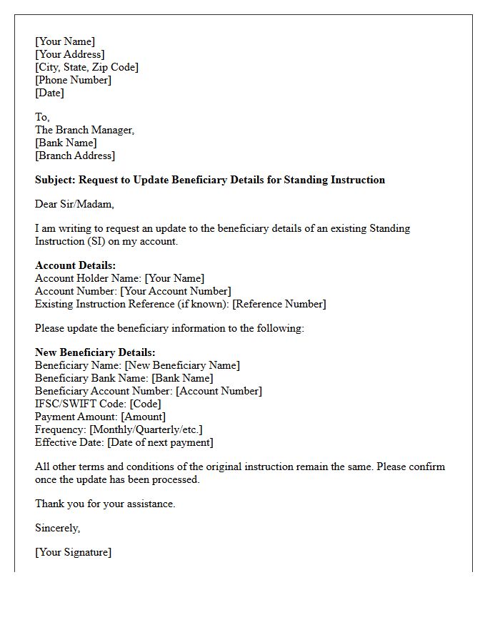 Standing Instruction Beneficiary Update Letter