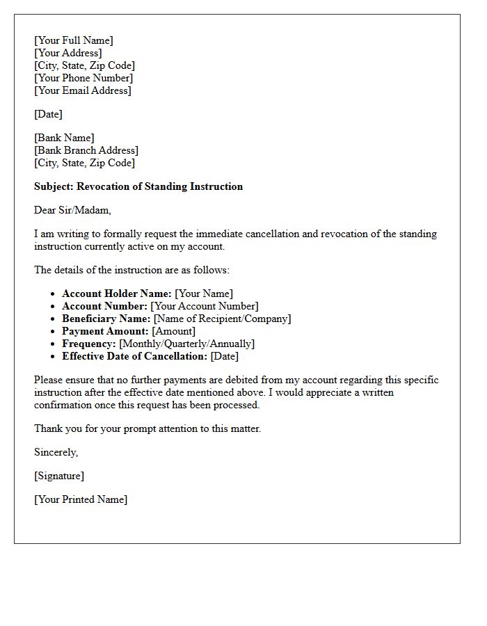 Standing Instruction Revocation Notice Letter