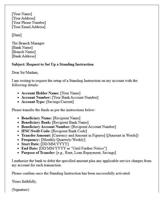 Standing Instruction Setup Request Letter