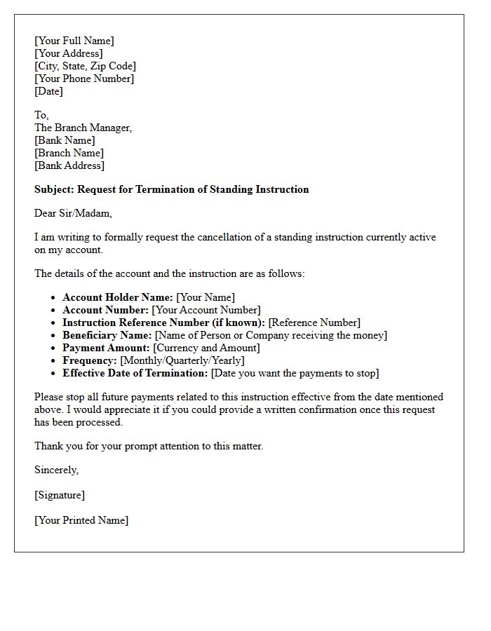 Standing Instruction Termination Request Letter