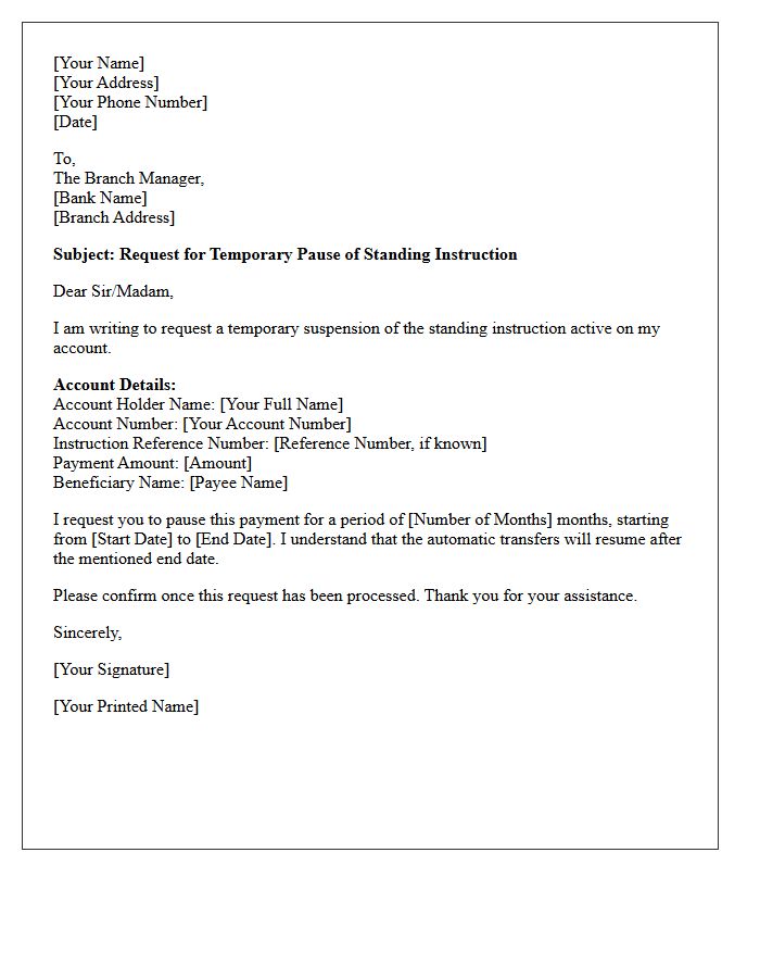 Temporary Standing Instruction Pause Request Letter