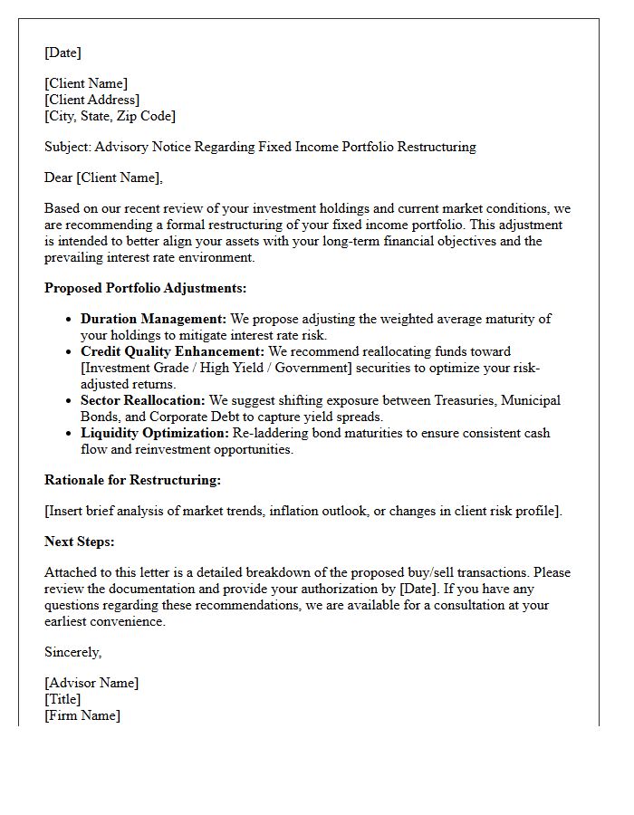Fixed Income Investment Portfolio Restructuring Advisory Letter