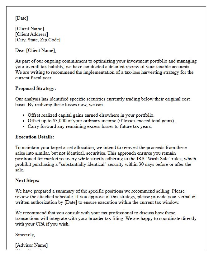 High-Net-Worth Client Tax-Loss Harvesting Recommendation Letter