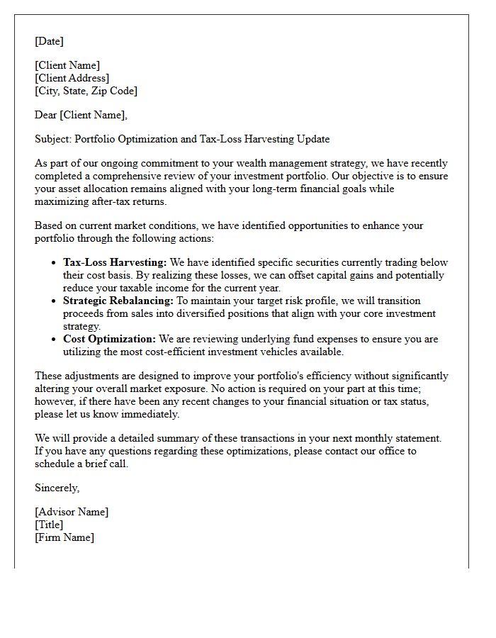 Wealth Management Portfolio Optimization and Tax-Loss Harvesting Letter