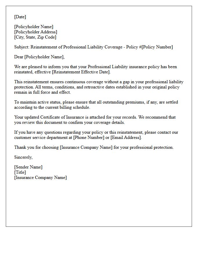 Continuous Coverage Professional Liability Reinstatement Letter