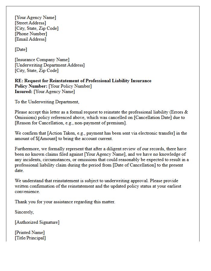 Insurance Agency Professional Liability Reinstatement Letter