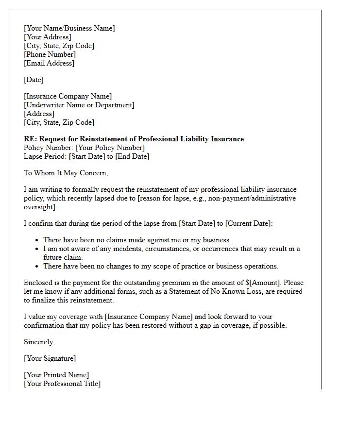Lapse In Coverage Professional Liability Reinstatement Letter