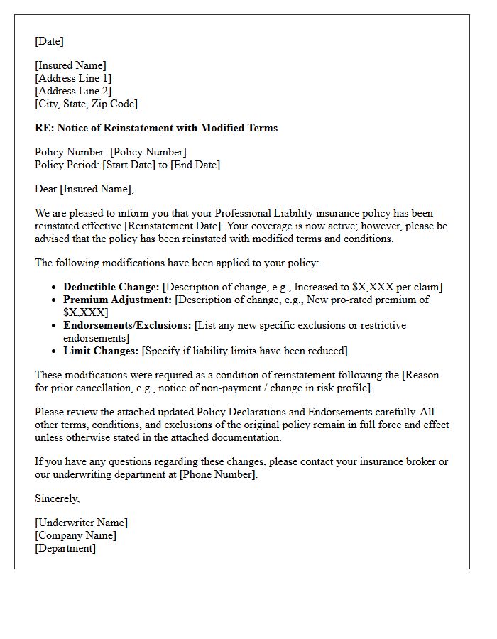 Modified Terms Professional Liability Reinstatement Letter