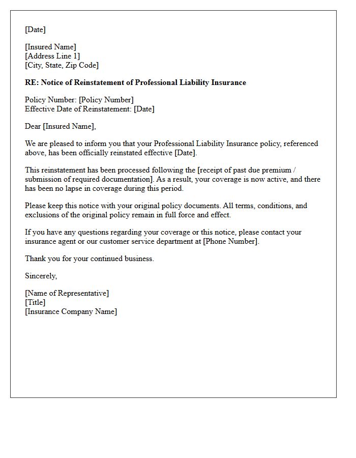 Notice Of Professional Liability Policy Reinstatement Letter