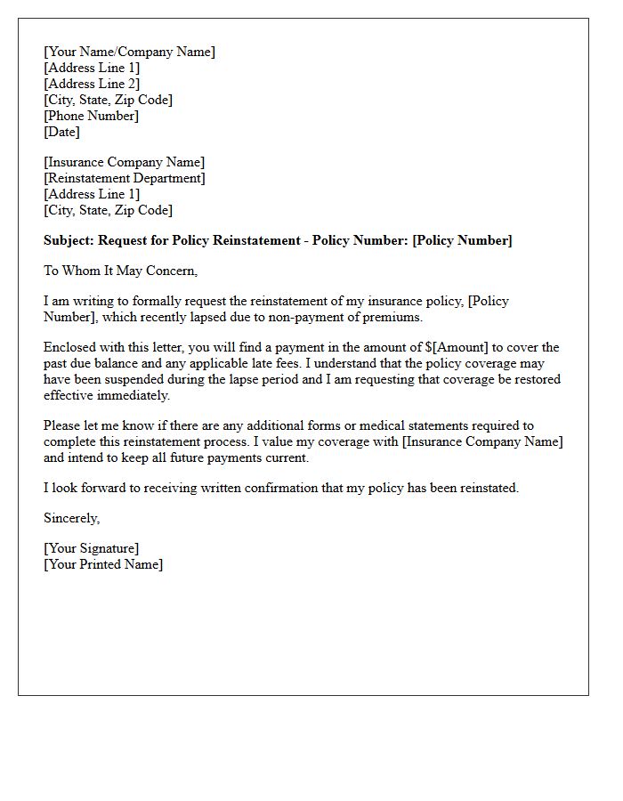 Past Due Premium Payment Reinstatement Letter