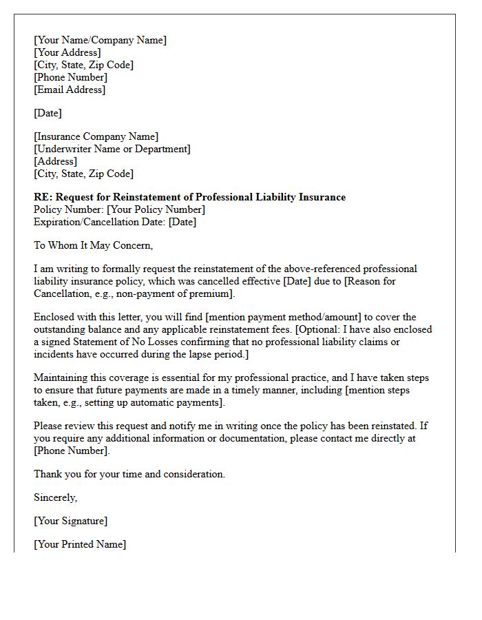 Standard Professional Liability Reinstatement Request Letter
