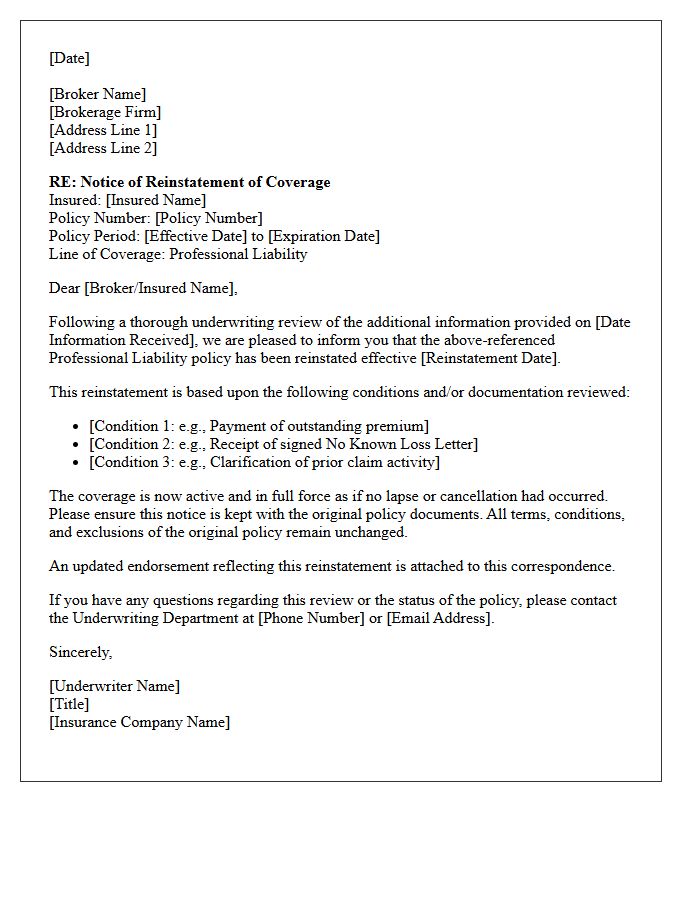 Underwriting Review Professional Liability Reinstatement Letter