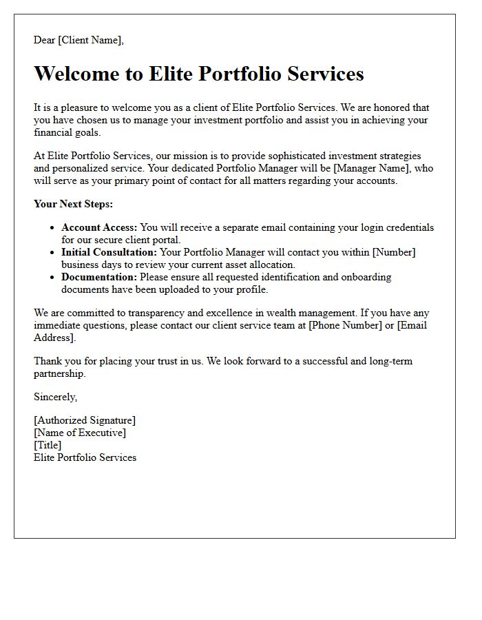 Elite Portfolio Services Welcome Letter