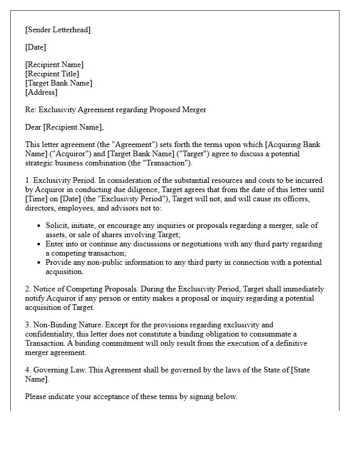 Bank Merger Target Exclusivity Letter
