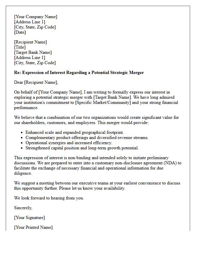 Banking Merger Expression of Interest Letter