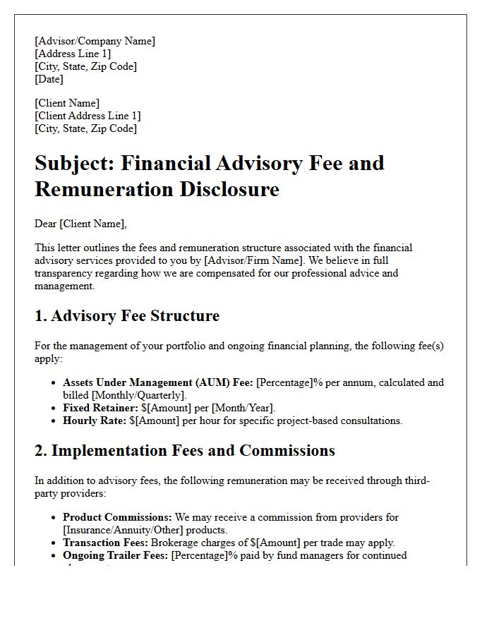 Financial Advisory Fee and Remuneration Letter