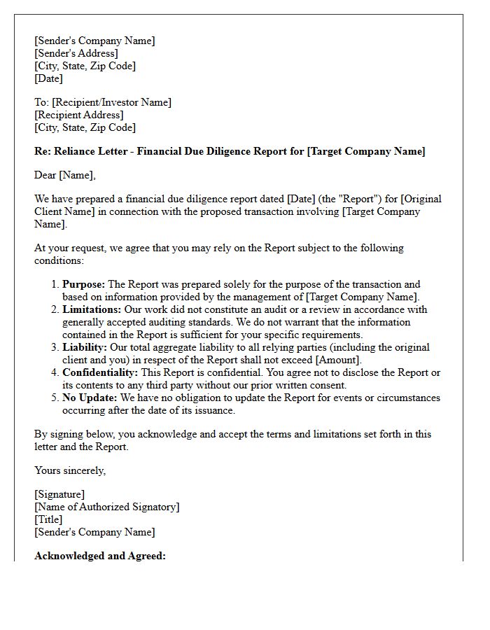 Financial Due Diligence Reliance Letter