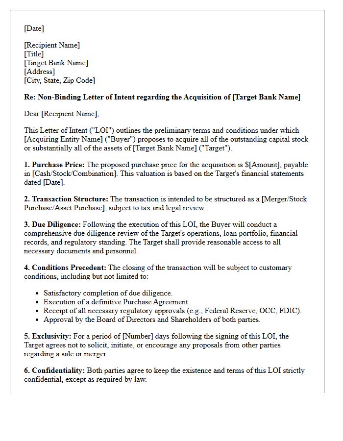 Non-Binding Letter of Intent for Bank Acquisition