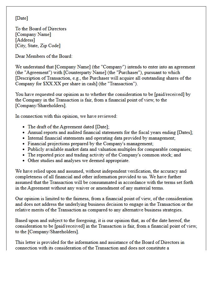 Transaction Fairness Opinion Letter
