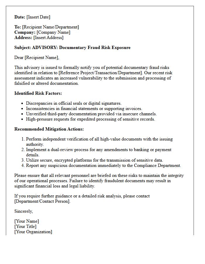 Documentary Fraud Risk Exposure Advisory Letter