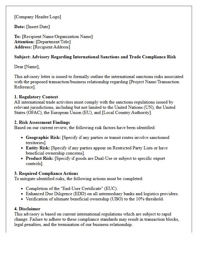 International Sanctions Trade Risk Advisory Letter