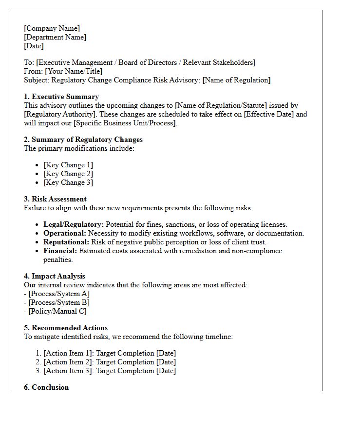Regulatory Change Compliance Risk Advisory Letter