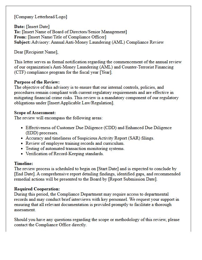 Annual Anti-Money Laundering Compliance Review Advisory Letter