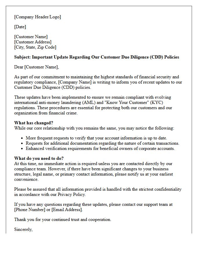 Customer Due Diligence Policy Update Advisory Letter
