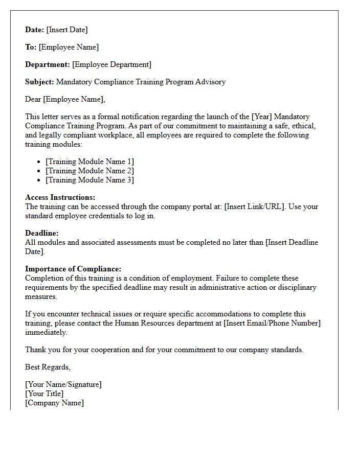 Employee Compliance Training Program Advisory Letter